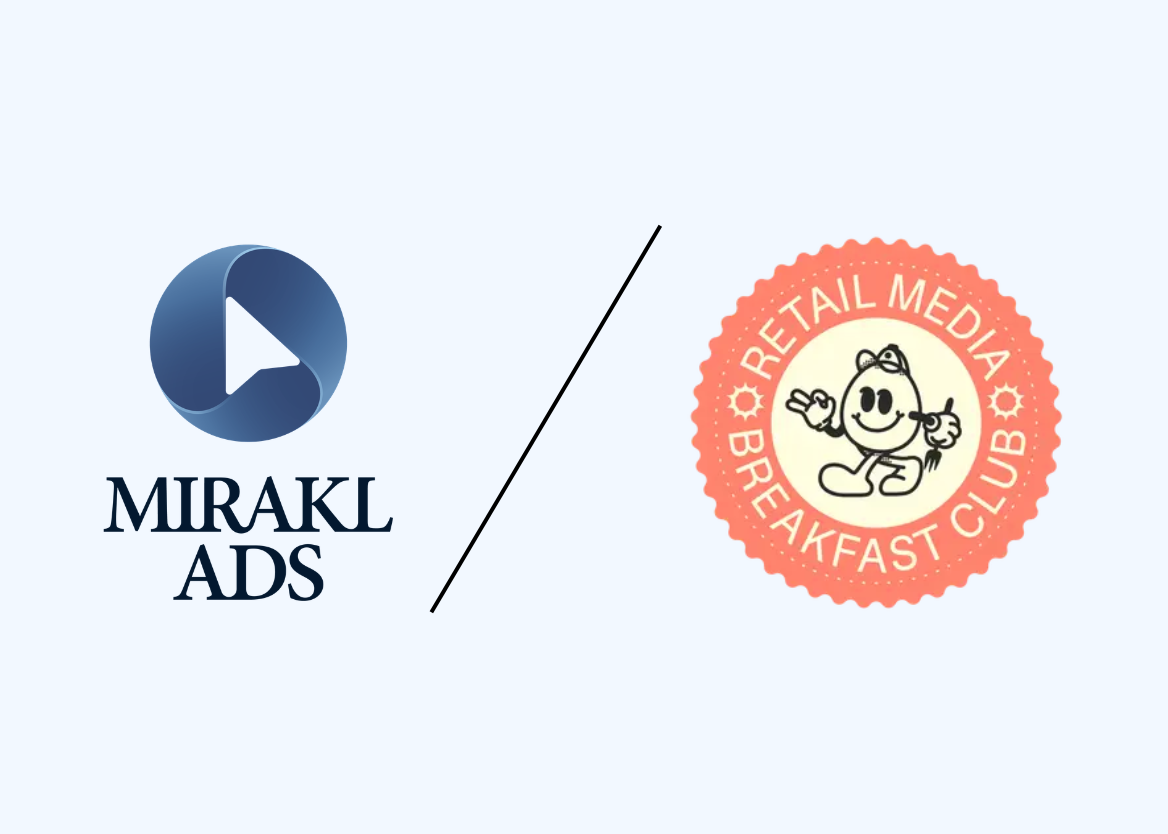 Co-branded graphic featuring the Mirakl Ads logo on the left and the Retail Media Breakfast Club logo on the right, separated by a diagonal line on a light blue background.
