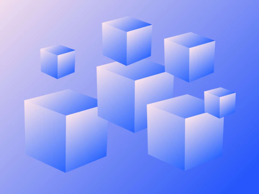 An abstract digital illustration featuring several blue, three-dimensional cubes of varying sizes, seemingly floating or scattered on a blue gradient background that fades from light to dark.