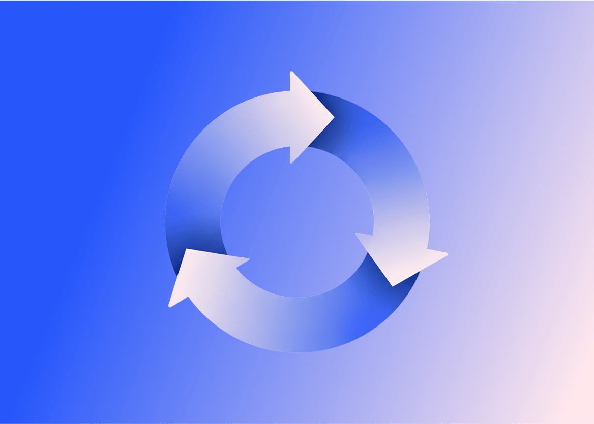 An abstract image featuring three white arrows arranged in a circle, pointing in a clockwise direction, against a blue and pink gradient background. The arrows are translucent and have a subtle gradient themselves, making them look like a looping, interconnected symbol. The image evokes a sense of continuous process, cycles or a circular flow. The image represents the eCommerce flywheel and helps illustrated the virtuous cycle that AI, marketplace and dropship can create.