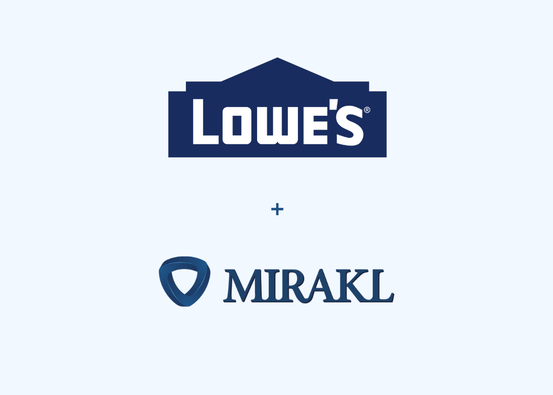 Two company logos, Lowe's and Mirakl, are displayed on a light blue background, separated by a plus sign. The Lowe's logo is at the top, featuring "LOWE'S" in white capital letters within a dark blue silhouette of a house roof. Below it, the Mirakl logo shows a stylized dark blue shield shape to the left of the word "MIRAKL" in a matching dark blue font.