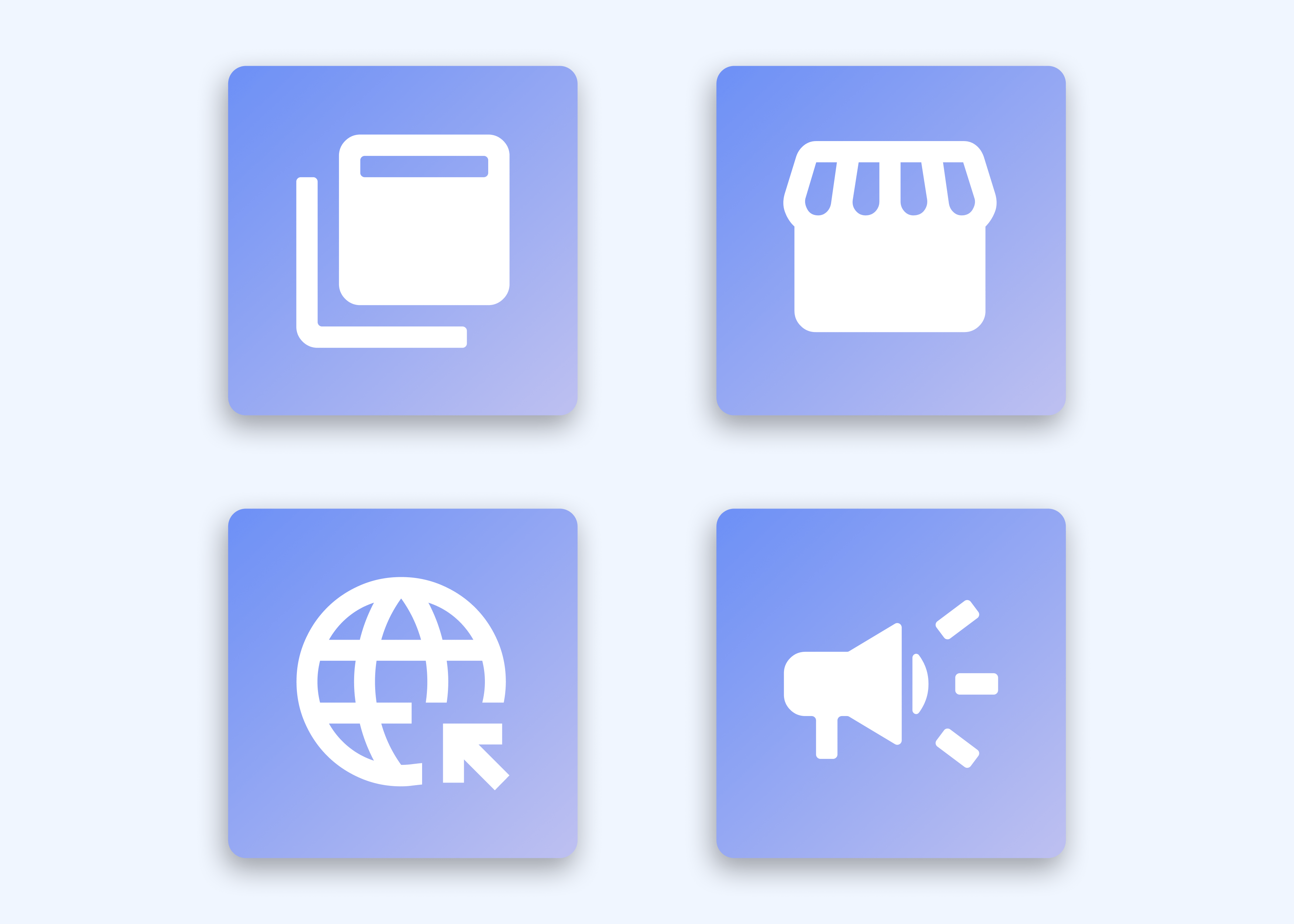 Four square, blue-to-purple gradient icons. The top left icon shows two overlapping squares, one with a line at the top, to represent the overlapping screens in a mobile user interface. The top right icon is a simplified storefront, to represent brick-and-mortar stores. The bottom left icon is a globe with an arrow (representing a mouse pointer) pointing to the bottom right. This represents the world wide web. The bottom right icon is a megaphone, representing traditional marketing channels like TV and radio.