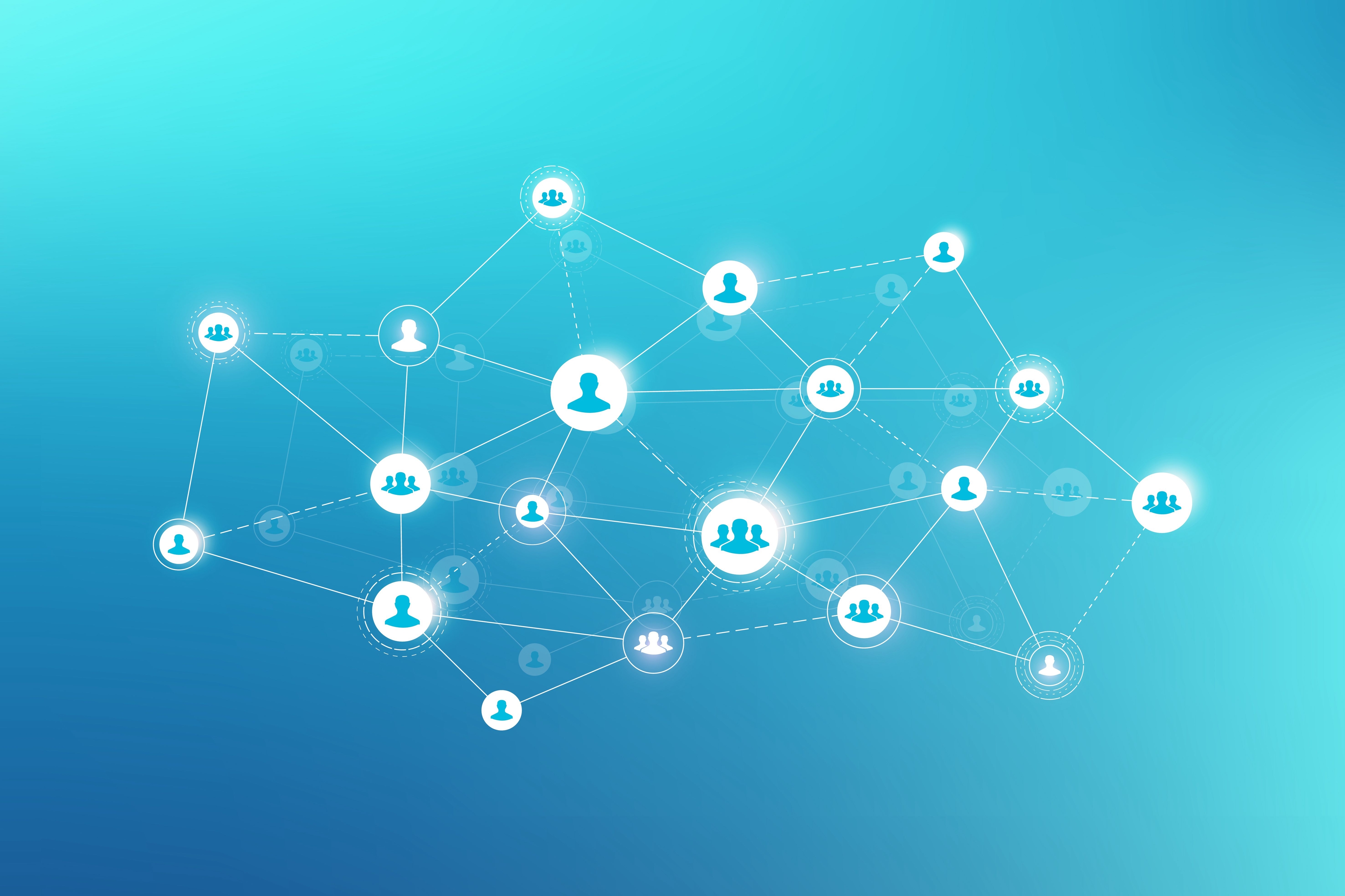 A digital illustration of a network, showing various white icons representing people and groups connected by solid and dashed lines against a bright blue gradient background.
