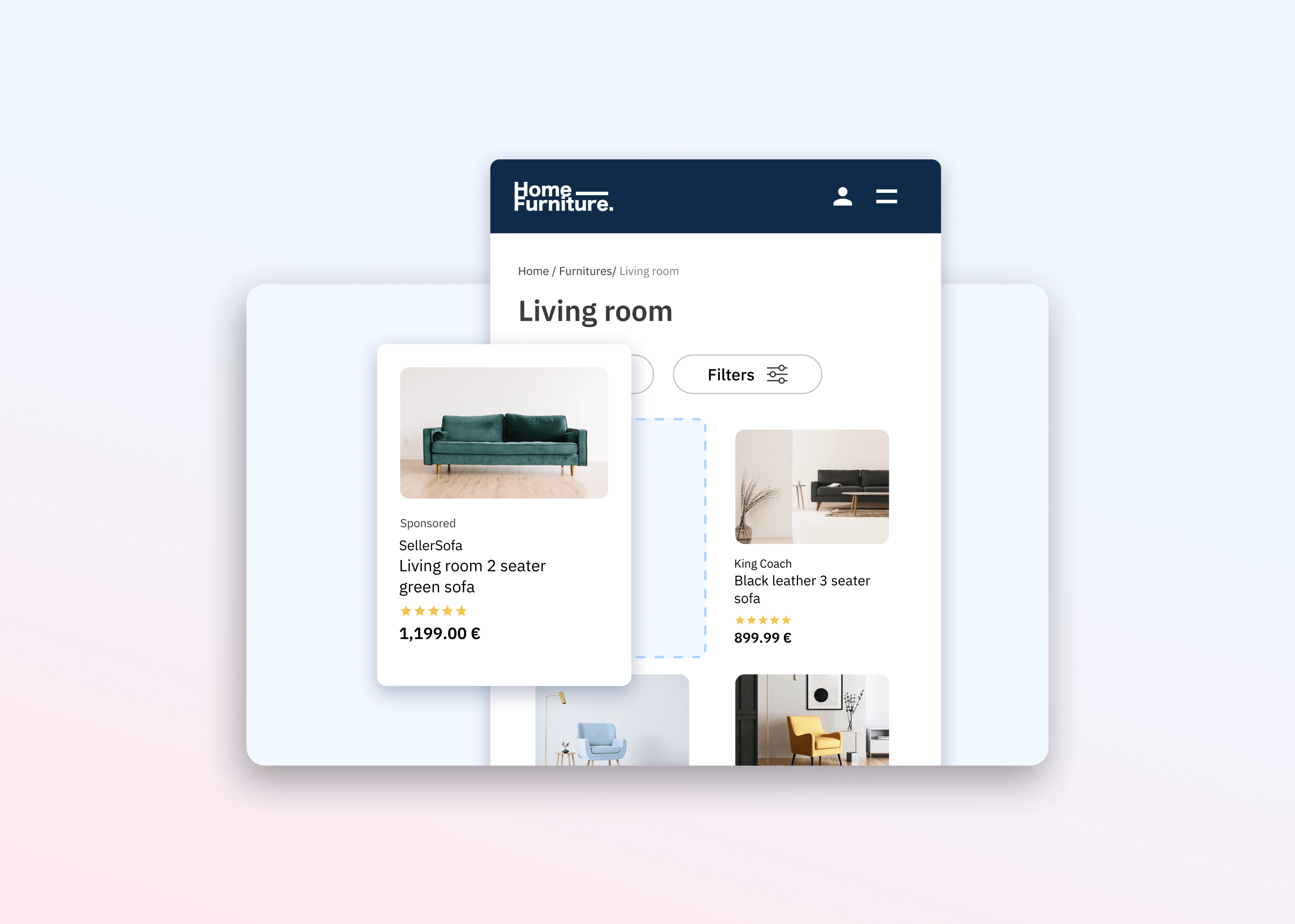A clean and modern eCommerce website UX design for a furniture retailer. This demonstrates a high-performing retail media placement that blends seamlessly with the user experience, featuring a clear product image, a five-star rating and price details.