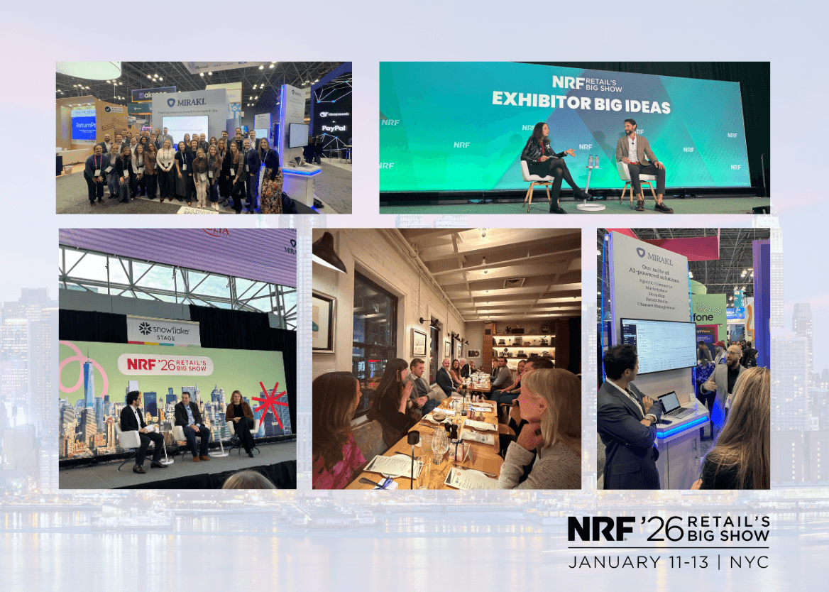 Mirakl's highlights from NRF 2026 Retail's Big Show in NYC (January 11-13). Featuring Exhibitor Big Ideas sessions, industry panels, team presence, and networking events showcasing the future of agentic commerce and retail innovation.