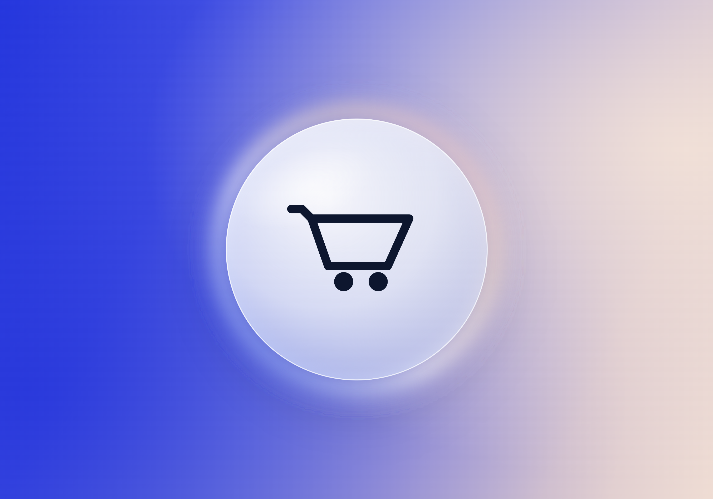 A minimalist black shopping cart icon inside a glossy, 3D-styled white circular button. The button features a soft drop shadow and sits against a smooth gradient background that shifts from vibrant blue on the left to pale beige on the right.