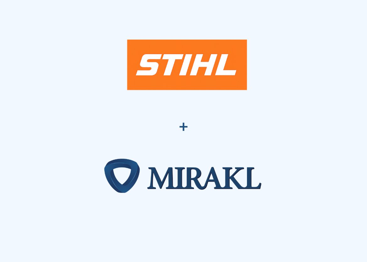 The image shows the logos for STIHL and Mirakl separated by a plus sign, signifying a partnership or collaboration.
Top: The STIHL logo (white text inside an orange rectangular box).
Middle: A dark blue plus sign (+).
Bottom: The Mirakl logo (dark blue text with a circular blue icon).
