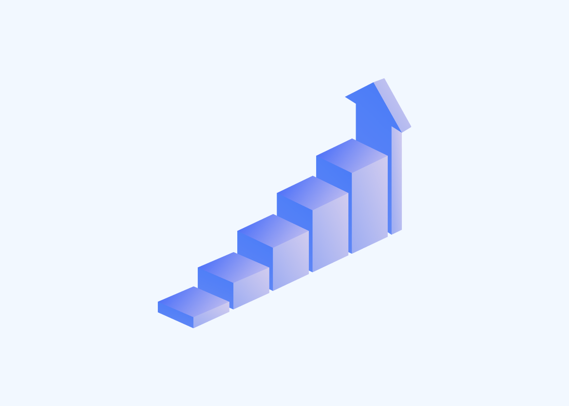 A 3D isometric bar chart with six ascending blue blocks and an upward-pointing arrow, symbolizing steady growth.