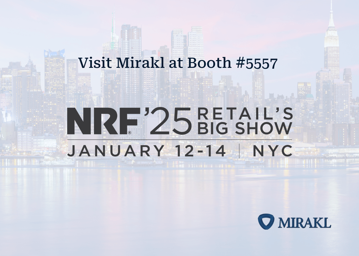 A graphic of the New York City Skyline with ext layered on top about Mirakl's presence at NRF 2025.