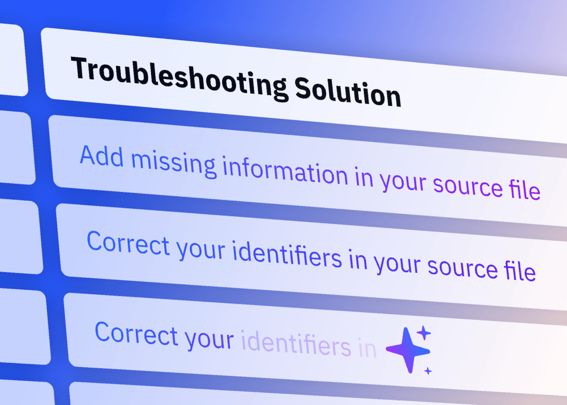 A UI menu titled 'Troubleshooting Solution' lists steps: 'Add missing information in your source file' and 'Correct your identifiers in your source file.