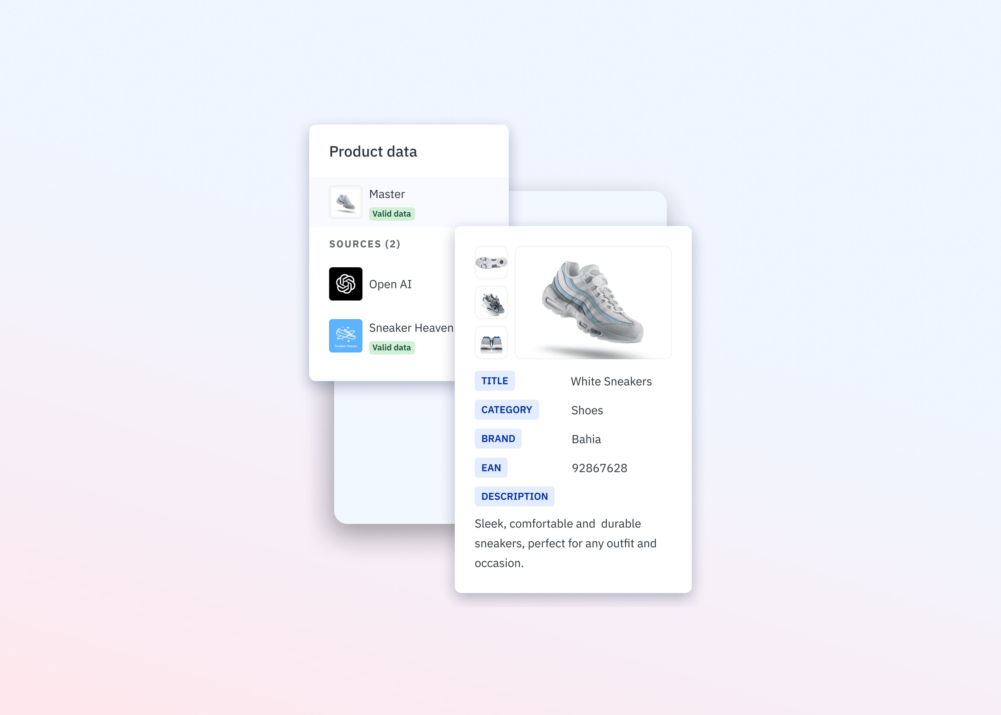 A screenshot of a user interface displaying product data for white sneakers. On the left, a "Product data" section shows "Master" and two sources: "Open AI" and "Sneaker Heaven," both with "Valid data." On the right, a detailed product card for "White Sneakers" includes images of the shoe from different angles, and fields for "TITLE," "CATEGORY" (Shoes), "BRAND" (Bahia), "EAN" (9286762B), and a "DESCRIPTION" stating "Sleek, comfortable and durable sneakers, perfect for any outfit and occasion."
