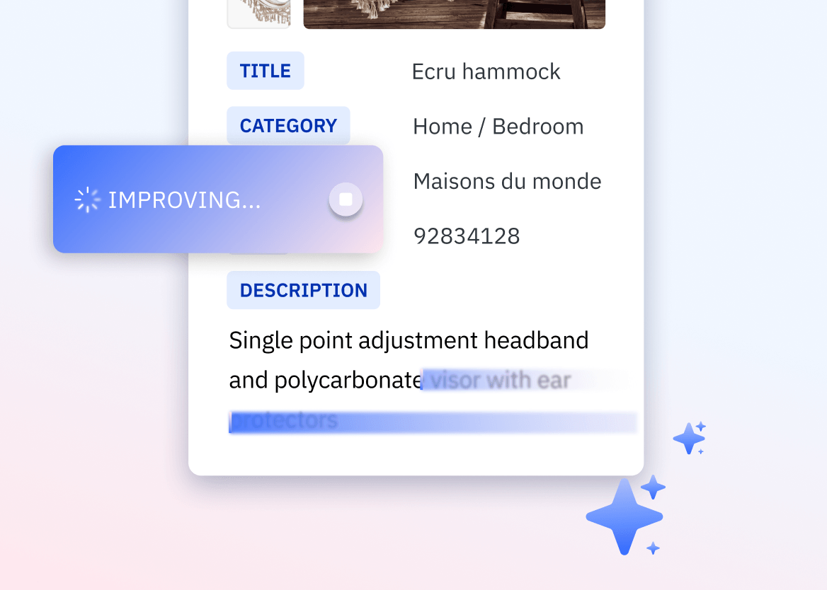 A close-up of a product management UI for an "Ecru hammock." An animated, glowing blue button on the left with the text "IMPROVING..." signifies that an AI-powered feature is actively rewriting or enhancing the text in the "DESCRIPTION" field.
