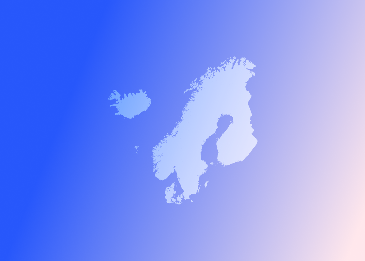 Minimalist map of the Nordic region—including Sweden, Norway, Denmark, Finland, and Iceland—set against a blue-to-lavender gradient background.