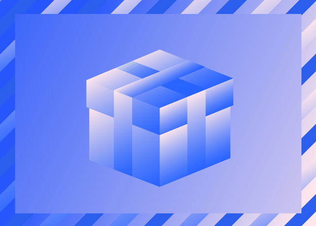 A modern illustration of a gift box rendered in blue and white gradients, set against a blue background with a diagonally striped border.