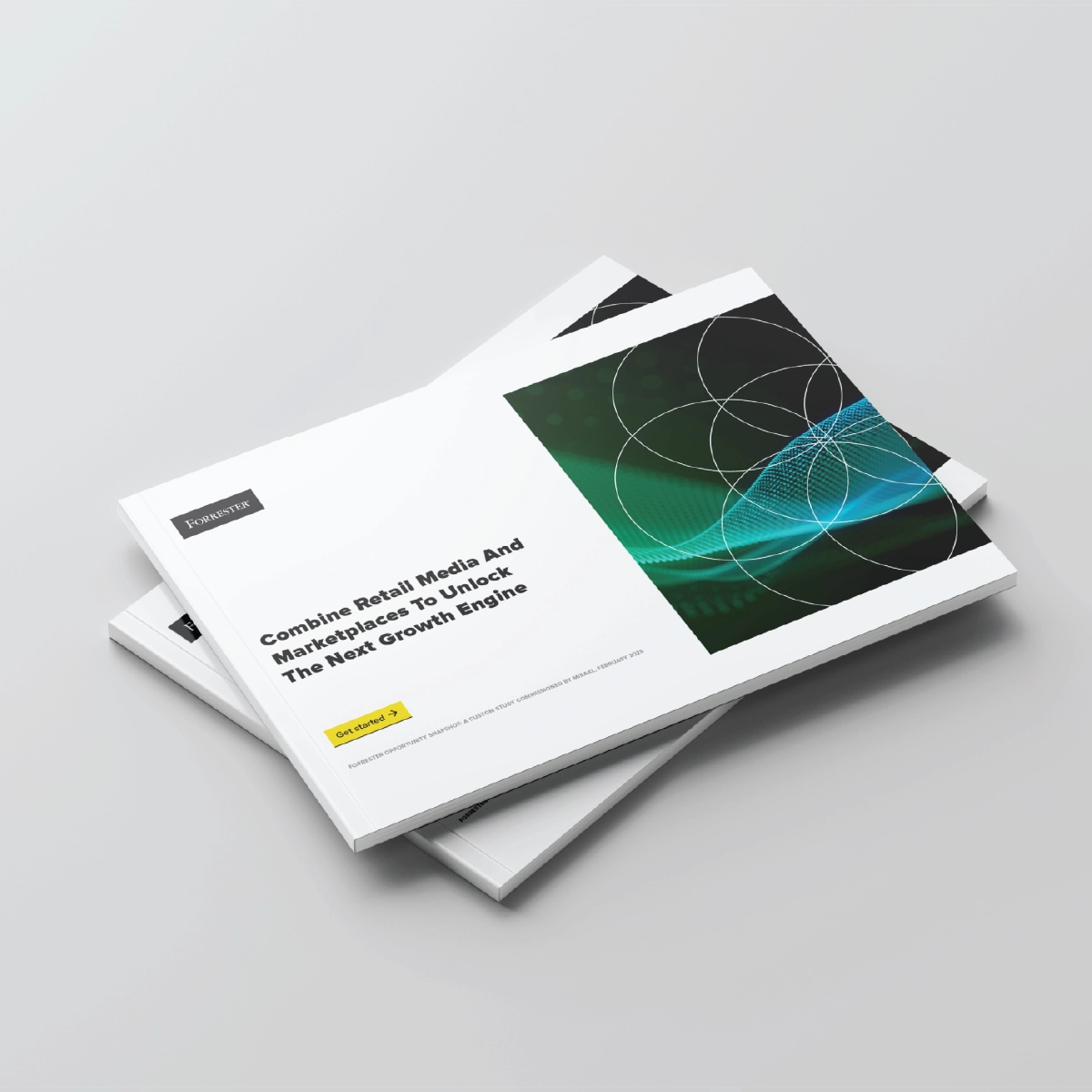 Three white booklets stacked at a slight angle on a light gray surface. The top booklet features the Forrester logo in the upper left corner and the text "Combine Retail Media And Marketplaces To Unlock The Next Growth Engine" in the center. A "Get started" button is visible in the lower left. The booklet also shows a graphic of overlapping circles and lines in shades of green and blue.
