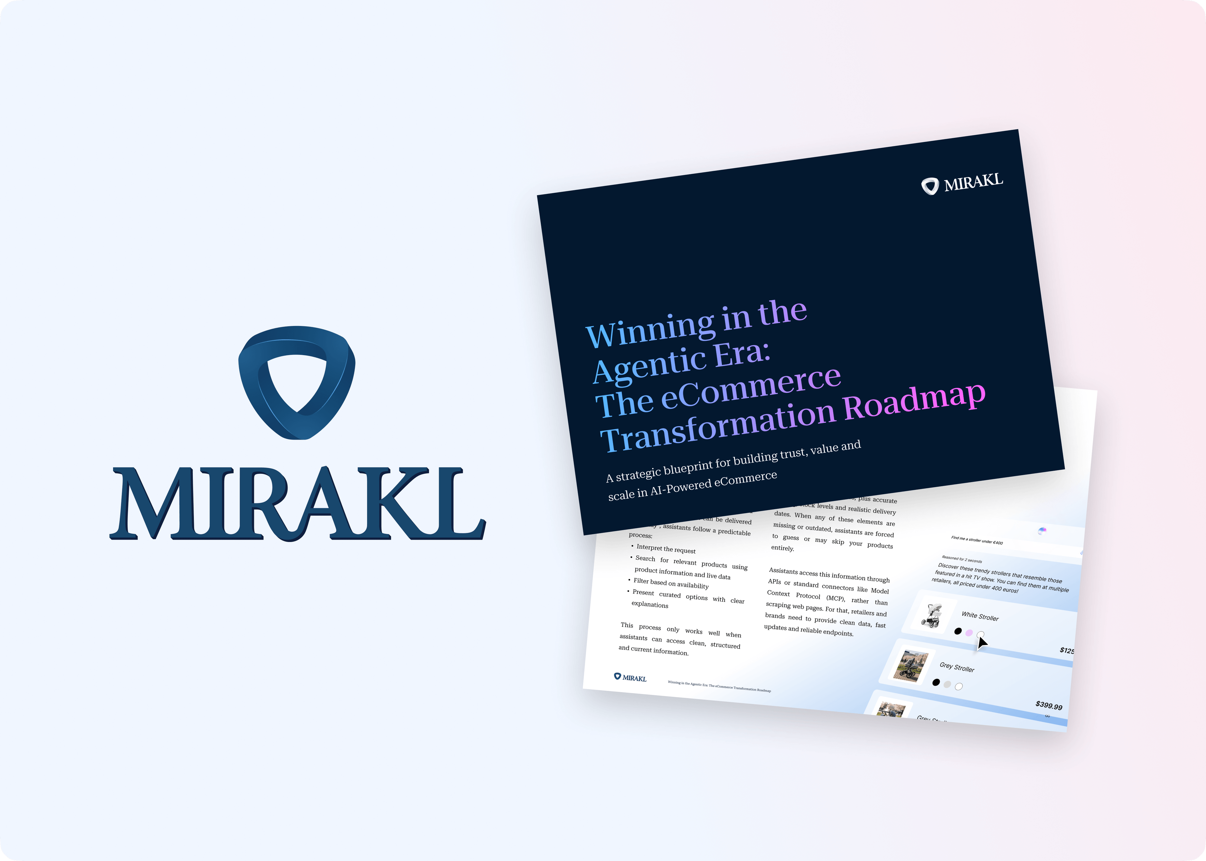 The image shows the Mirakl logo and wordmark next to the cover of a strategic document. The cover is dark blue with a pink/purple gradient title that reads: "Winning in the Agentic Era: The eCommerce Transformation Roadmap." Below the main title, the subtitle reads: "A strategic blueprint for building trust, value and scale in AI-Powered eCommerce."