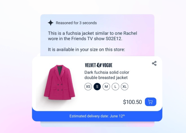 A screenshot of an AI agent's response to a user's query. The agent has identified a fuchsia double-breasted jacket, linked it to one worn by Rachel in the TV show Friends and provided details for purchasing the jacket from a store called "Velvet & Vogue." The agent also indicates the product's availability in various sizes and an estimated delivery date.