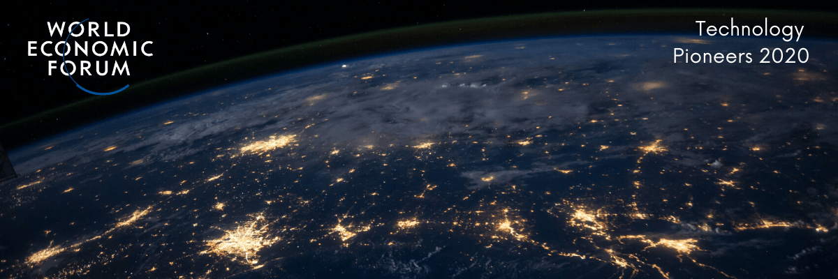 A banner image showing a view of Earth from space at night, with city lights glowing across the continents. The World Economic Forum logo is in the top left corner, and the text "Technology Pioneers 2020" is in the top right.