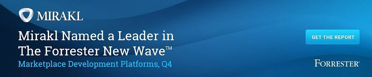 Mirakl promotional banner announcing it has been named a Leader in The Forrester New Wave for Marketplace Development Platforms, Q4, with a Get the Report call-to-action button