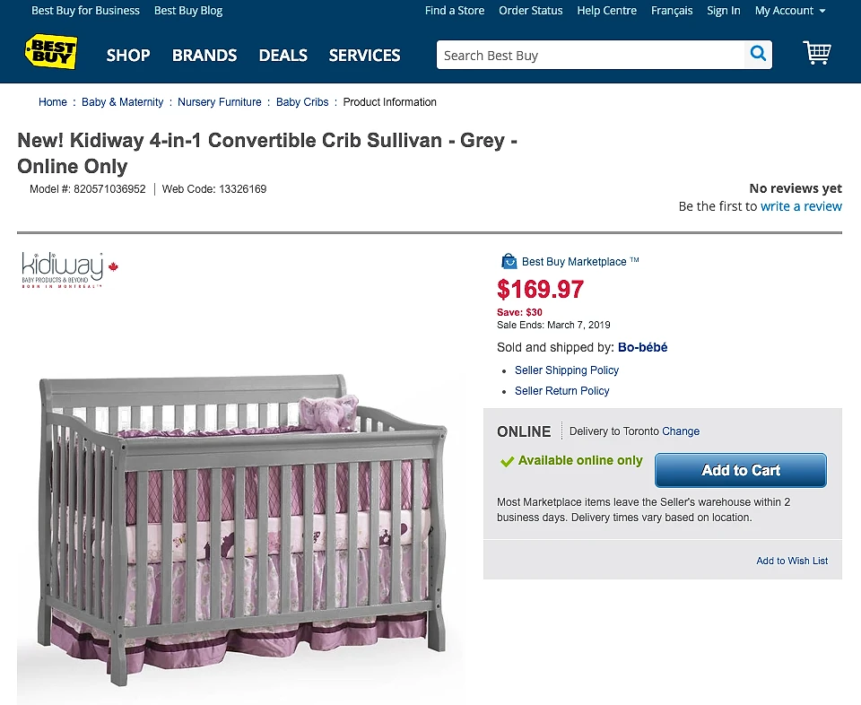 Best Buy Canada marketplace product page showing a Kidiway convertible crib listed for $169.97, sold and shipped by third-party seller Bo-bébé via Best Buy Marketplace