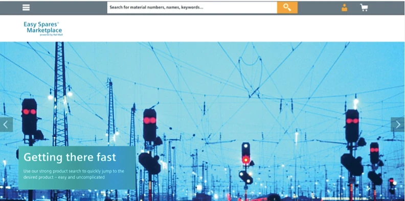 Screenshot of the Siemens Easy Spares Marketplace homepage, showing a search bar for material numbers, names, and keywords, with a hero image of railway signal infrastructure and the headline 'Getting there fast'