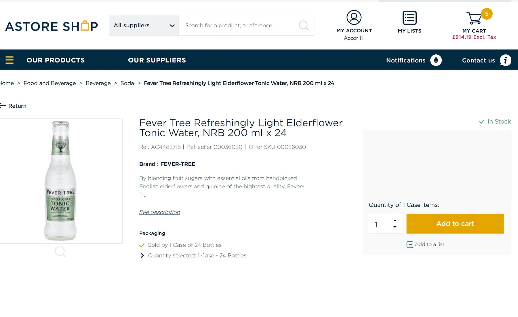ASTORE Shop product detail page showing a Fever Tree Refreshingly Light Elderflower Tonic Water listing with price, quantity selector, and Add to Cart button, under the Food and Beverage category