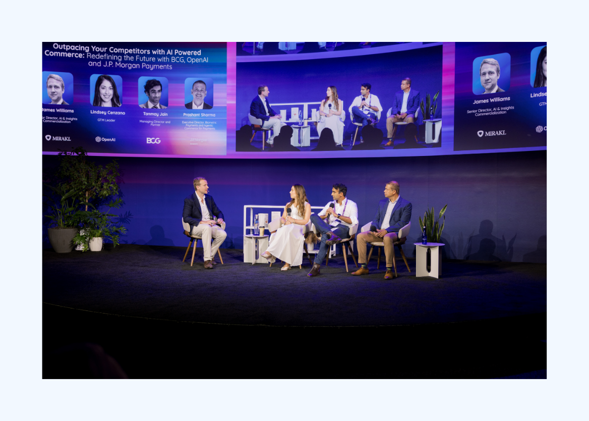 Panel discussion at the Mirakl Summit featuring leaders from Mirakl, OpenAI, BCG, and J.P. Morgan Payments on AI-powered commerce.