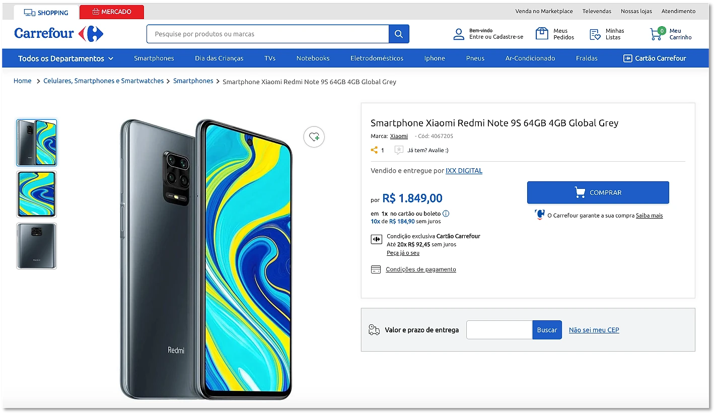 Screenshot of the Carrefour Brazil marketplace product page for a Xiaomi Redmi Note 9S smartphone in Global Grey, showing the product at R$1,849.00, sold and shipped by Waw Design, with color and storage options listed on the right.