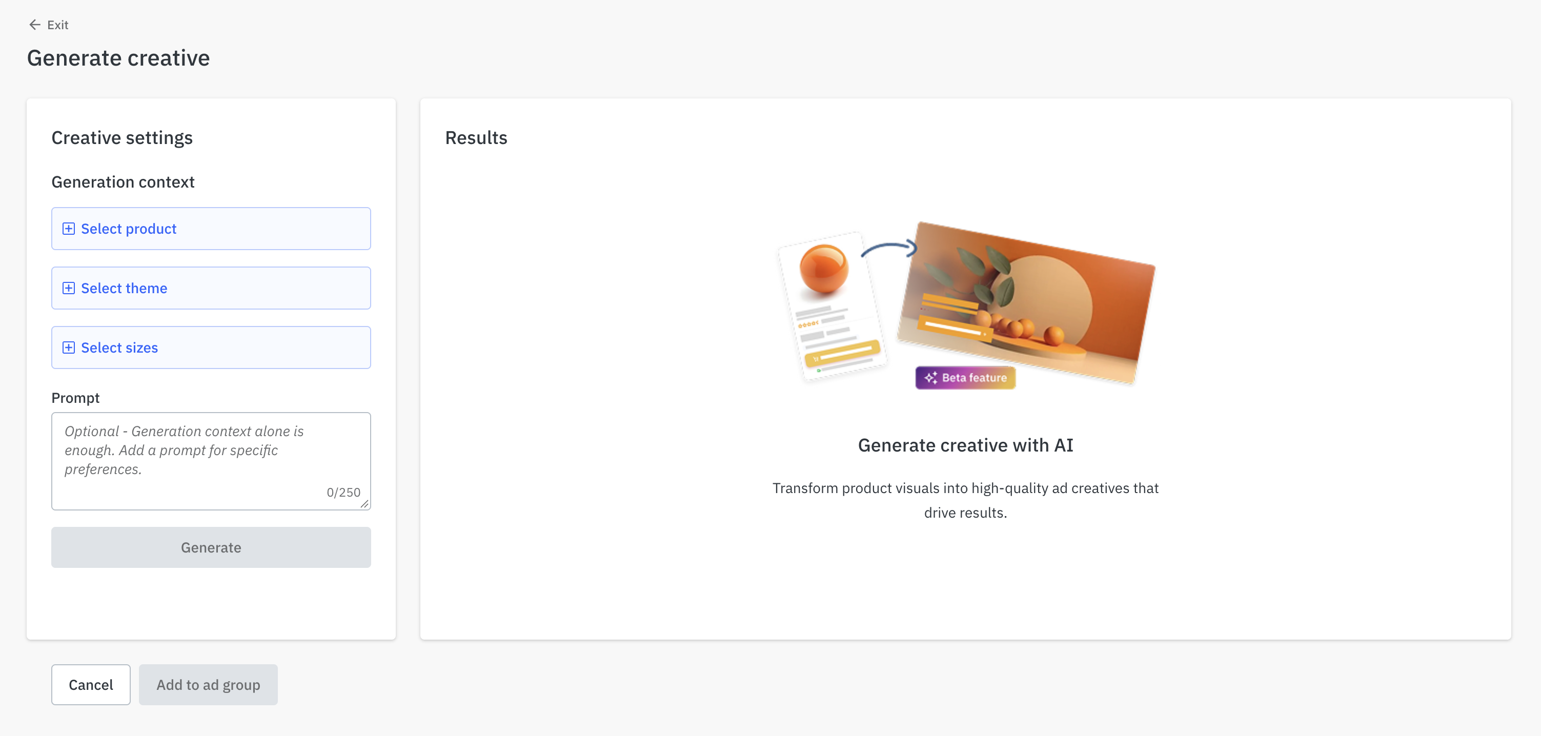 Mirakl Ads Creative Studio interface showing the creative settings panel and results area