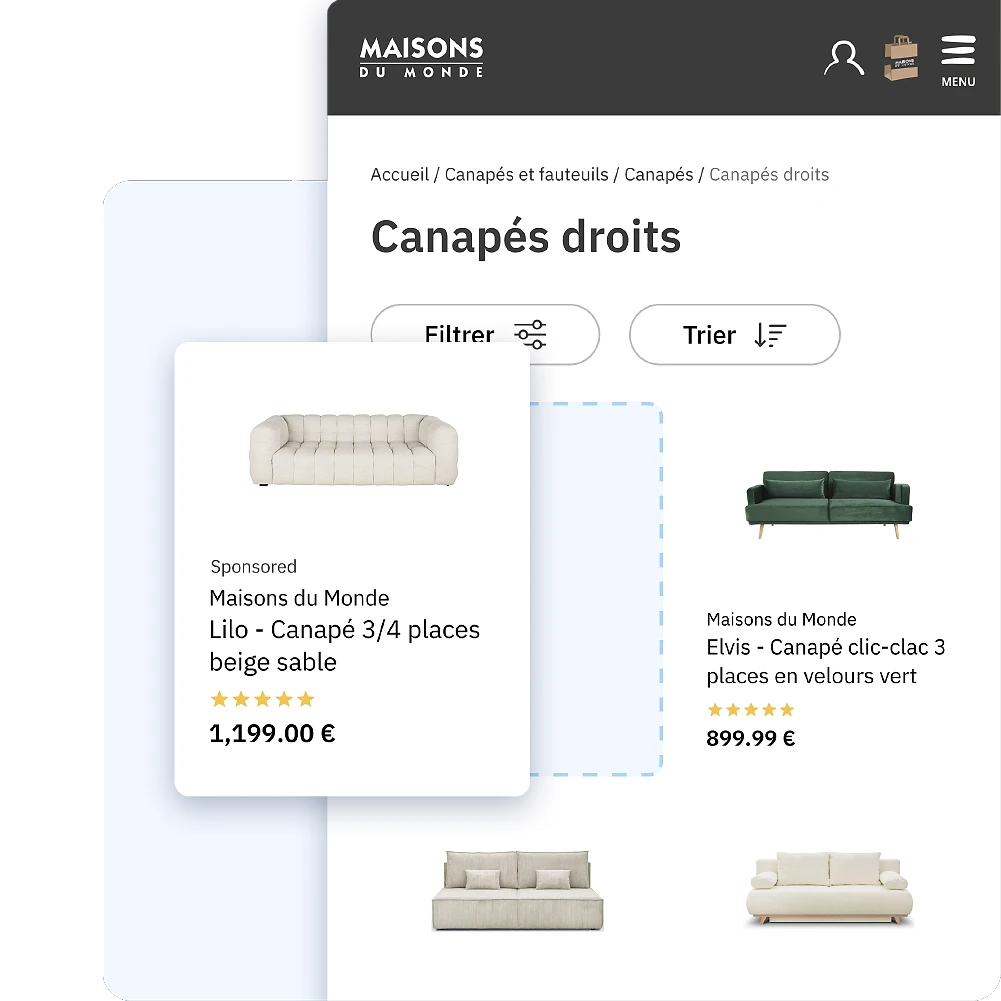 Maisons du Monde product listing page for straight sofas (Canapés droits), showing a sponsored ad card for a beige 3-seat sofa (Lilo, 1,199 €) highlighted in the foreground, alongside a green velvet sofa listing (Elvis, 899.99 €)