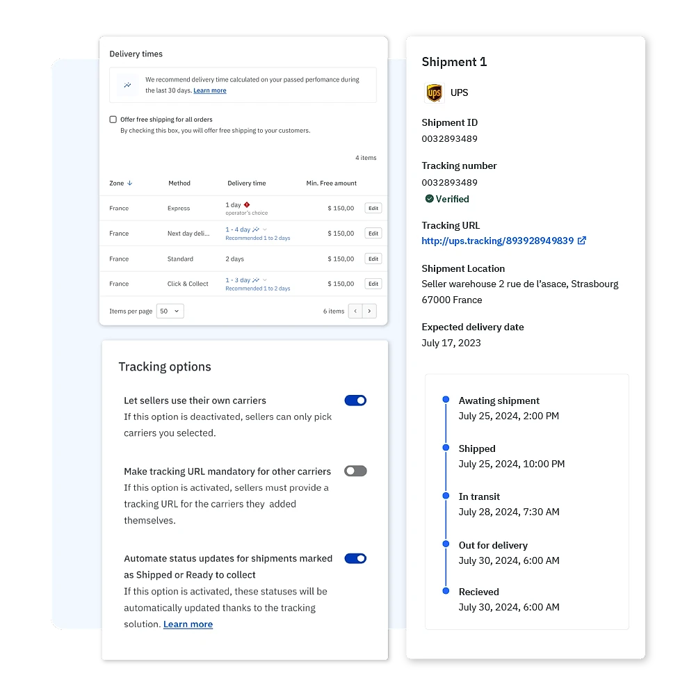 Mirakl Delivery Manager UI showing two panels: a delivery times configuration screen with zones, methods, and free shipping settings for France, and a shipment tracking detail panel for a UPS shipment with status timeline from 'Awaiting shipment' through 'Received'