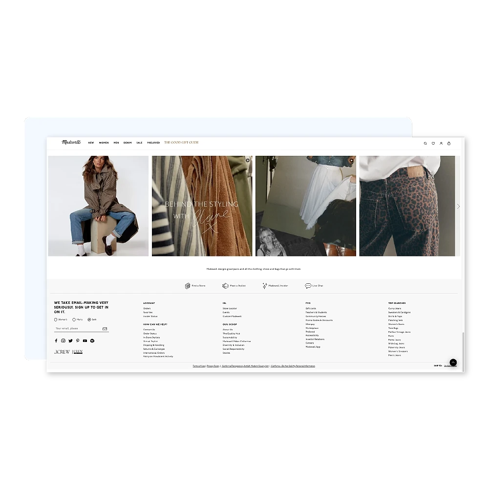 Madewell website homepage displayed in a laptop browser mockup, showing a fashion editorial with four apparel photos and the tagline 'Behind the Styling'