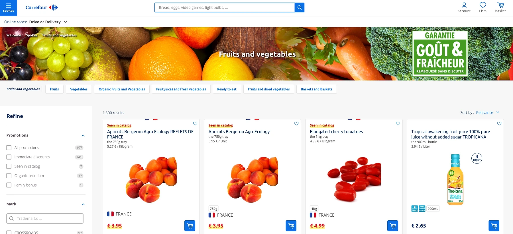 Carrefour marketplace website showing a 'Fruits and vegetables' category page with product listings including apricots, tomatoes, and Tropicana juice, alongside a 'Garantie Goût & Fraîcheur' badge