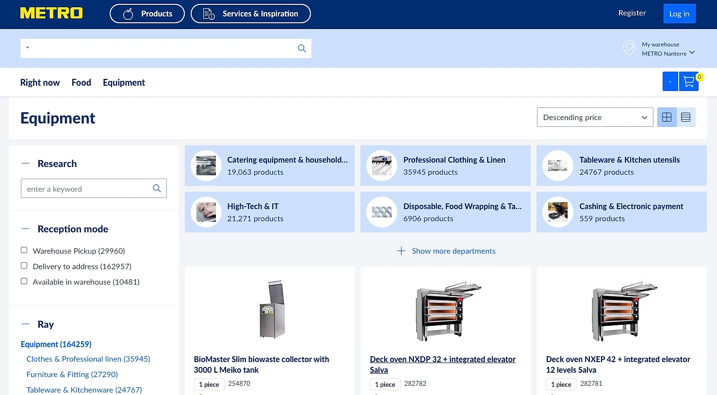 METRO France marketplace Equipment category page showing six department tiles — Catering equipment (19,063 products), Professional Clothing & Linen (35,945), Tableware & Kitchen utensils (24,767), High-Tech & IT (21,271), Disposable Food Wrapping (6,906), Cashing & Electronic payment (559) — with featured product listings including commercial ovens and a biowaste collector below