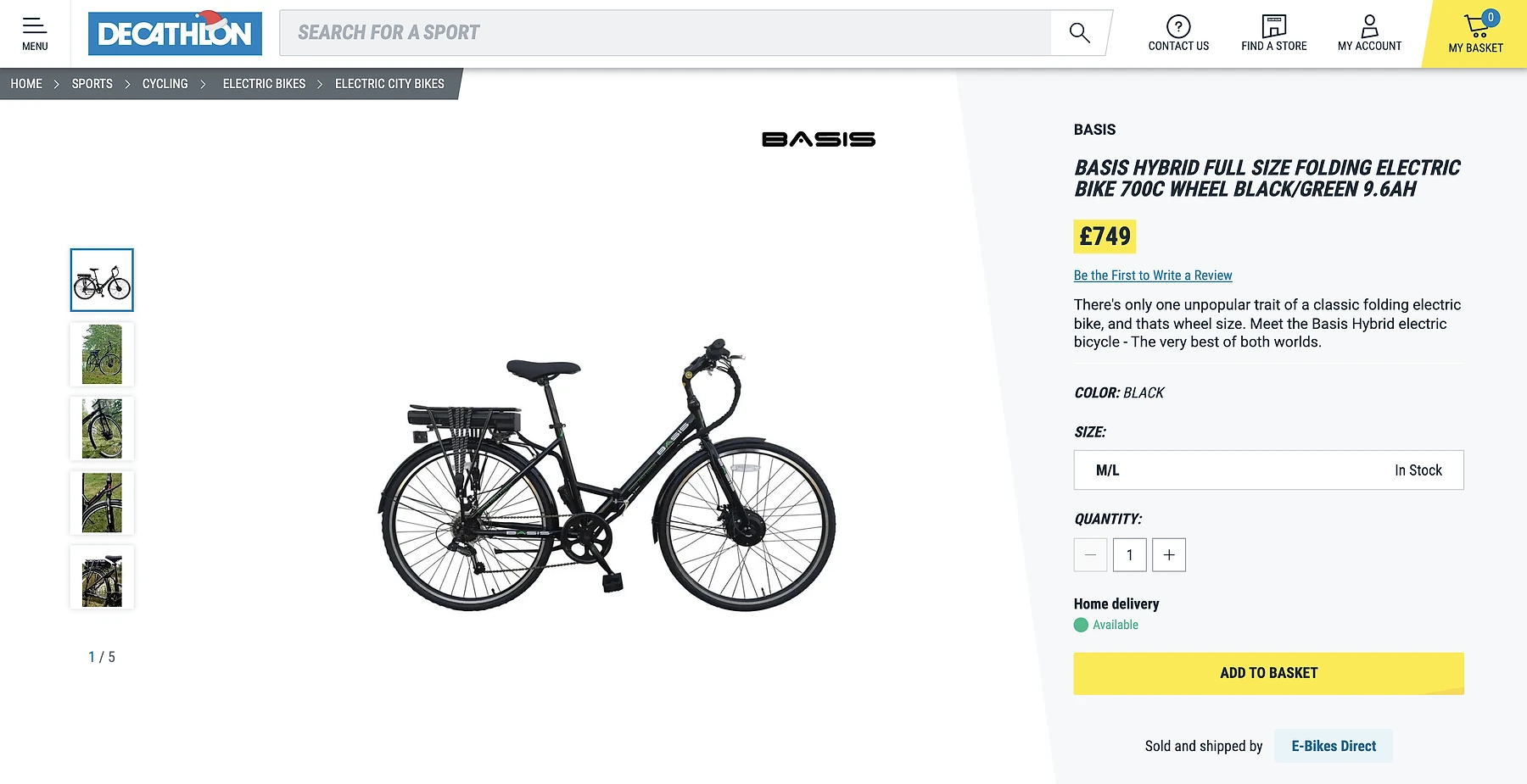 Decathlon UK marketplace product page showing a Basis Hybrid Full Size Folding Electric Bike listed at £749, sold and shipped by third-party seller E-Bikes Direct