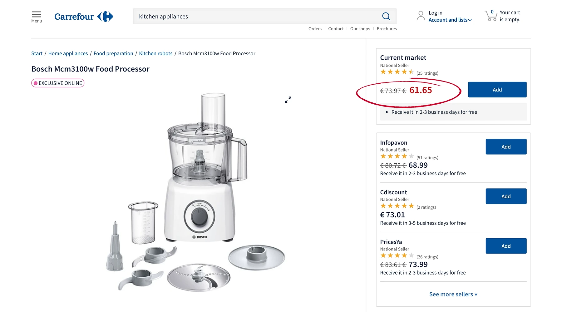 Screenshot of a Carrefour product page showing a Bosch Mcm3100w Food Processor listed at €61.65 as the current market price, with competing seller offers from Infopavon (€68.99), Cdiscount (€73.01), and Priceta (€73.99) displayed below, illustrating marketplace competitive pricing.