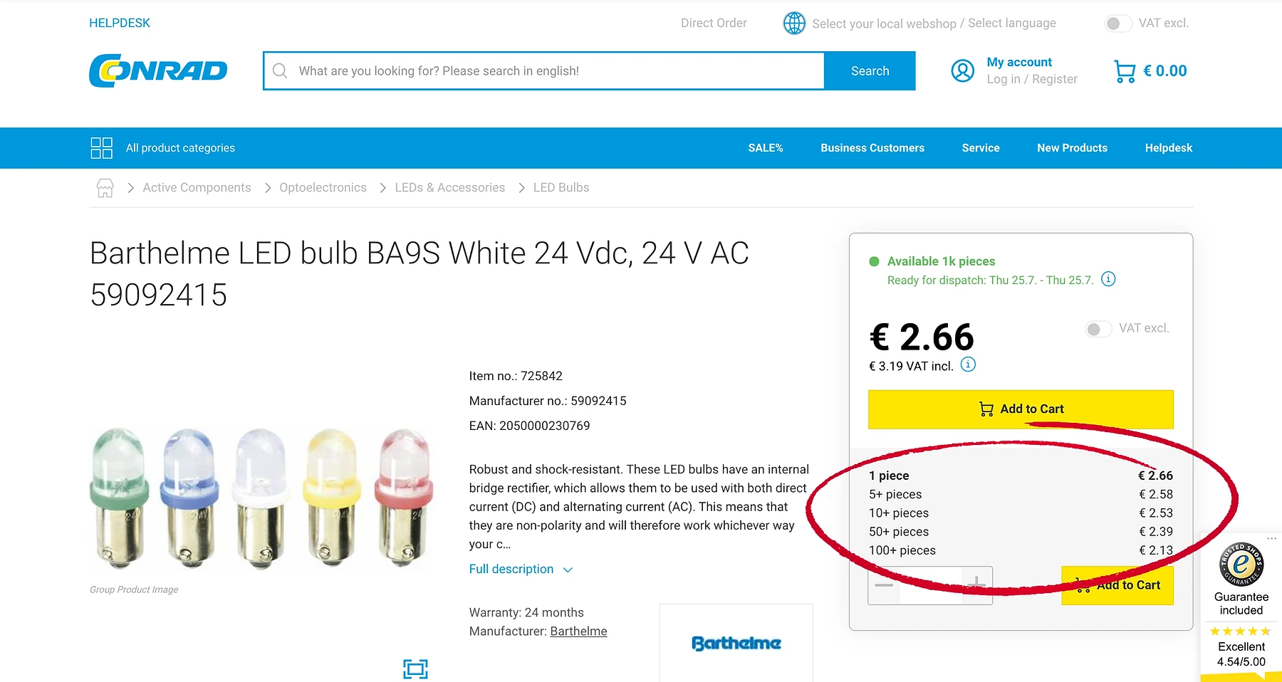 Conrad B2B marketplace product detail page for a Barthelme LED bulb, highlighting the volume pricing table where the unit price drops from €2.66 for 1 piece to €3.13 for 100+ pieces, with the pricing tier section circled