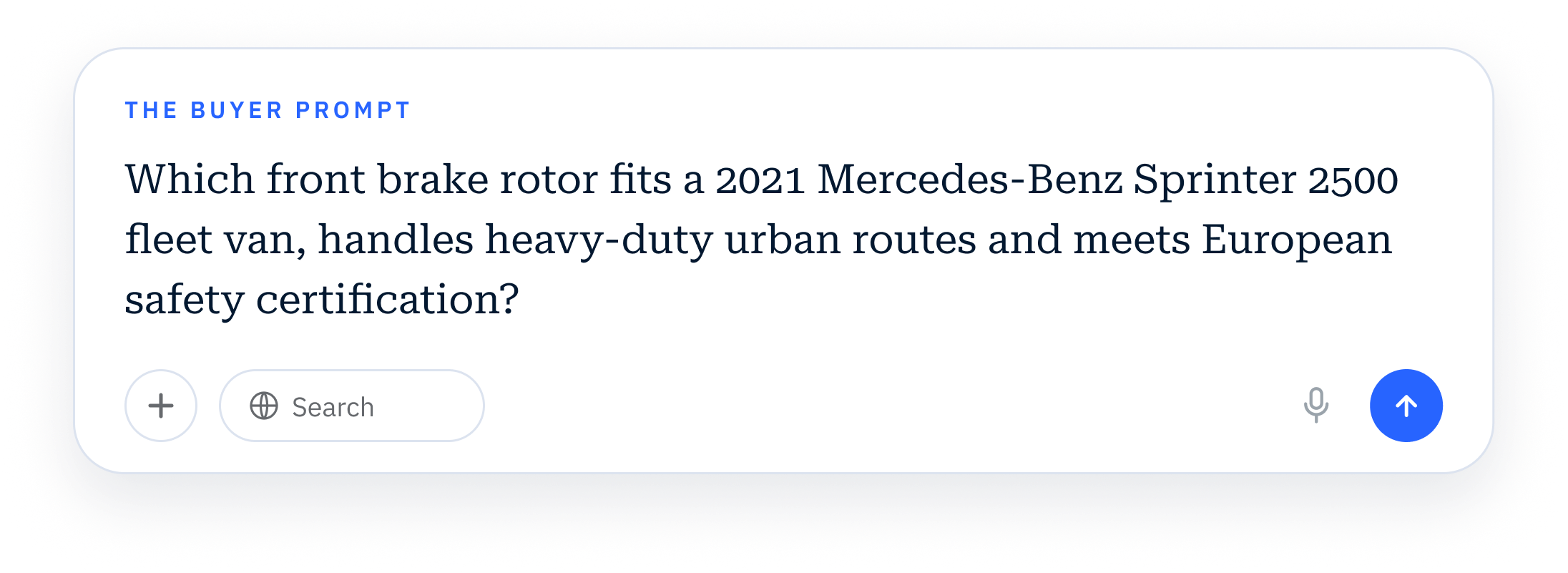 Buyer prompt asking which front brake rotor fits a 2021 Mercedes-Benz Sprinter 2500 fleet van, handles heavy-duty urban routes and meets European safety certification