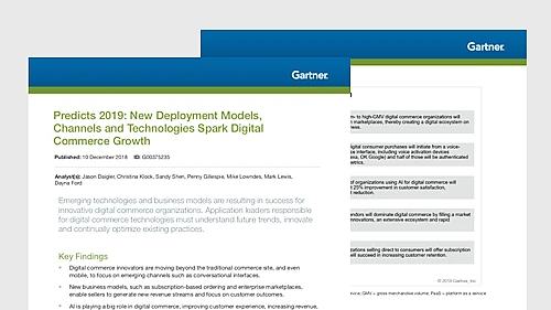 Thumbnail of the Gartner report "Predicts 2019: New Deployment Models, Channels and Technologies Spark Digital Commerce Growth" (published 10 December 2018, ID G00375235), showing the title page with key findings text about emerging technologies, subscription-based ordering, and AI in digital commerce.