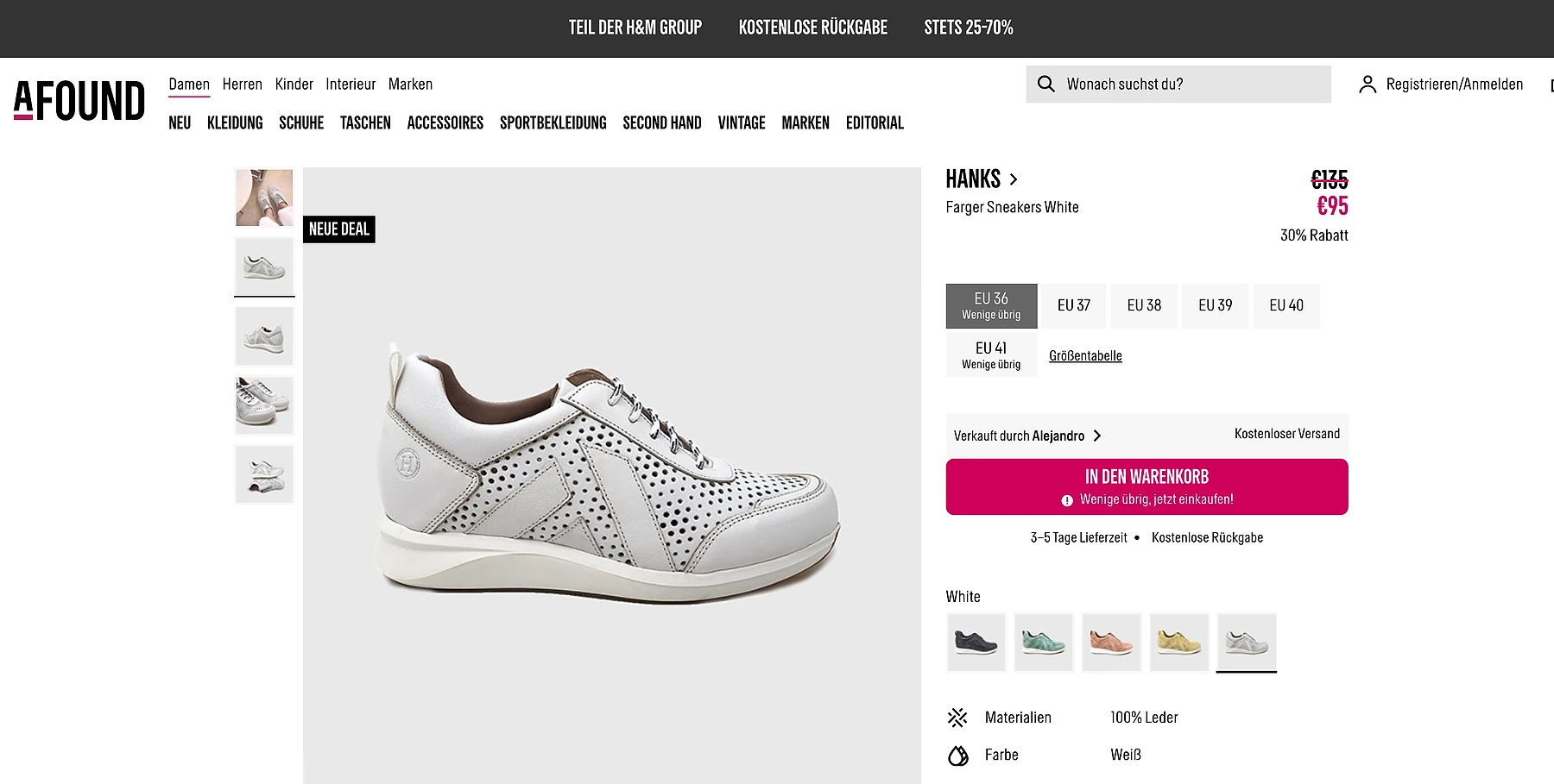 Afound (H&M Group) product detail page showing a Hanks white leather sneaker by Farger, priced at €95 (30% off from €135), with size selector, color swatches, and 'In den Warenkorb' add-to-cart button. Navigation shows categories including Damen, Herren, Kinder, Schuhe, and a 'Kostenlose Rückgabe' banner