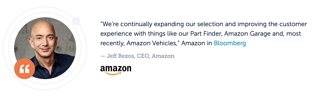 Pull quote attributed to Jeff Bezos, CEO of Amazon, citing Bloomberg: 'We're continually expanding our selection and improving the customer experience with things like our Part Finder, Amazon Garage and, most recently, Amazon Vehicles.' The Amazon logo appears below the quote alongside a circular portrait photo of Jeff Bezos.