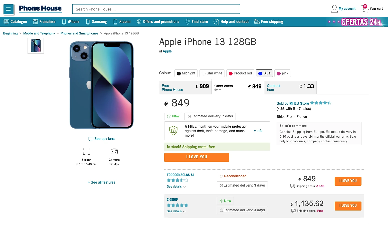 Phone House Spain marketplace product page for the Apple iPhone 13 128GB, showing a price of €849 from Phone House alongside third-party seller offers starting at €849, with delivery and warranty details visible