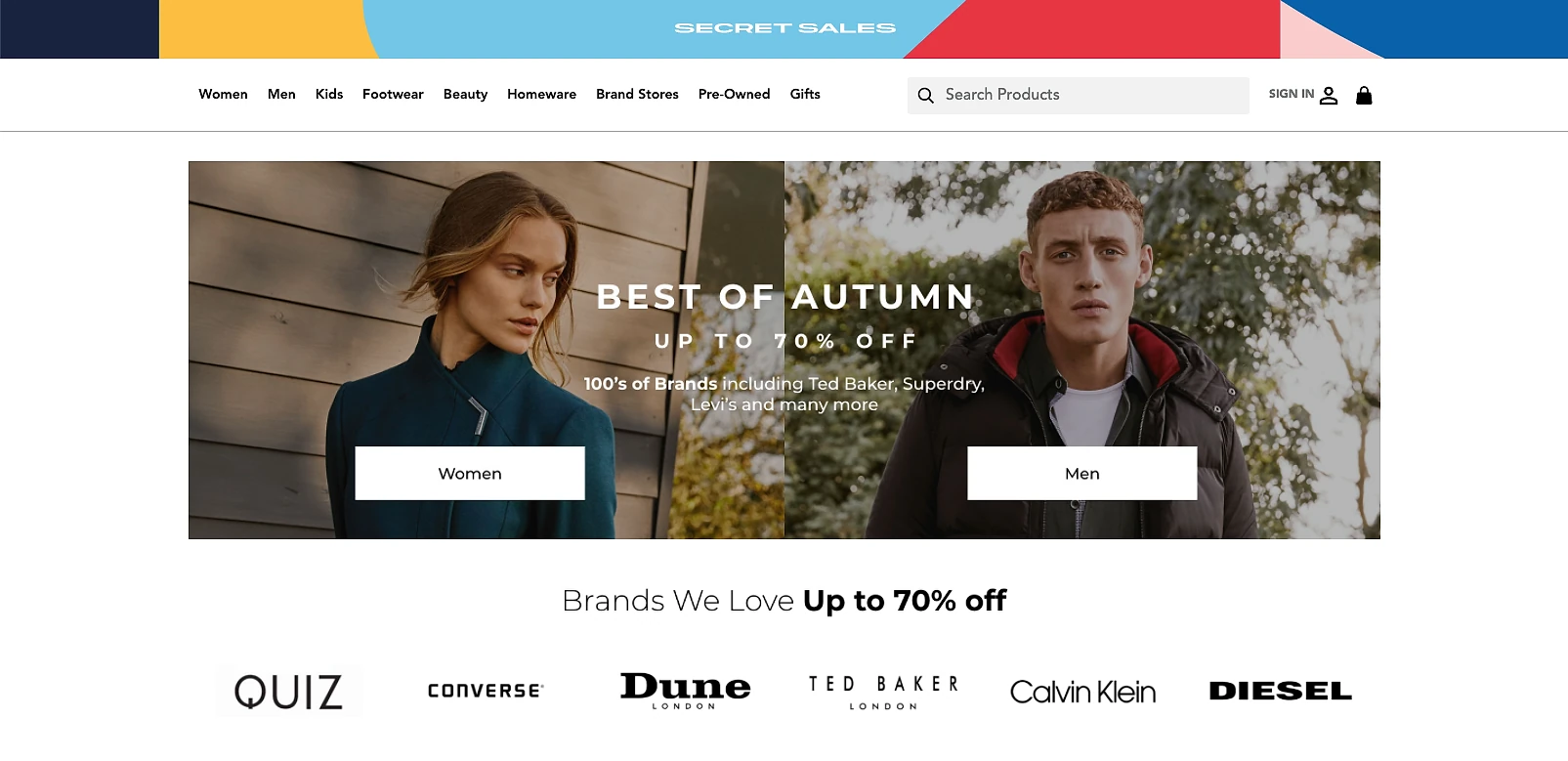 Secret Sales marketplace homepage featuring a 'Best of Autumn – Up to 70% off' hero banner with two models, and a 'Brands We Love Up to 70% off' section listing Quiz, Converse, Dune, Ted Baker, Calvin Klein, and Diesel