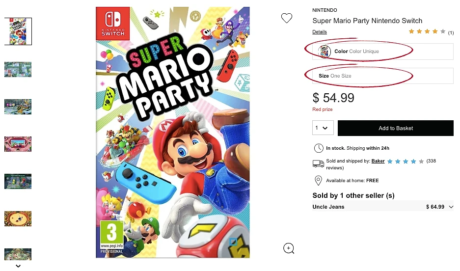 Super Mario Party Nintendo Switch product listing on a marketplace, priced at $54.99, with a red circle highlighting the Color and Size attribute fields labeled as unique and one size, illustrating incomplete or unusual product content