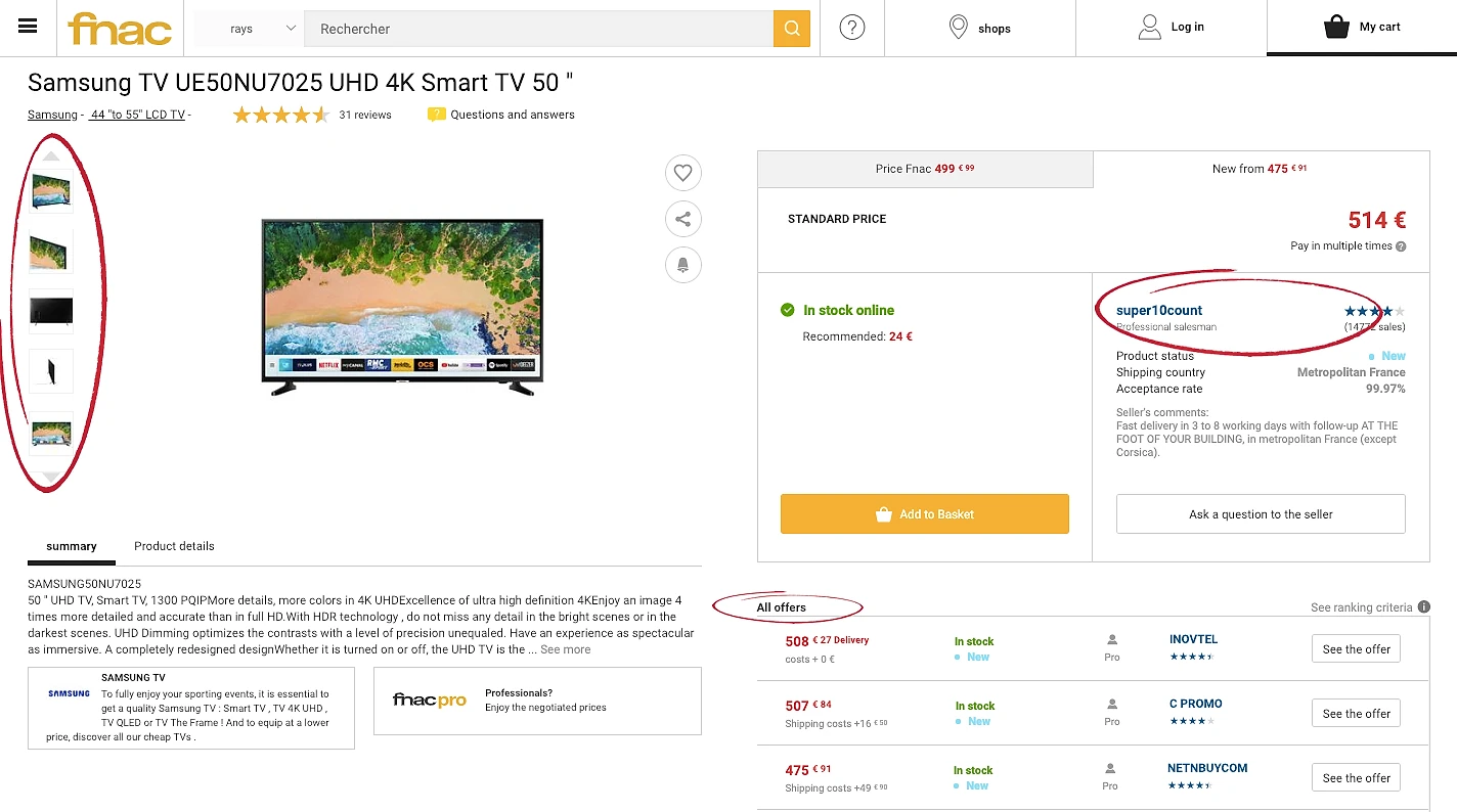 Screenshot of a Fnac product listing page for a Samsung 50-inch 4K Smart TV, with a highlighted seller box showing the marketplace offer from a third-party seller alongside the standard price, illustrating how marketplace catalog management surfaces multiple seller offers on a single product page.