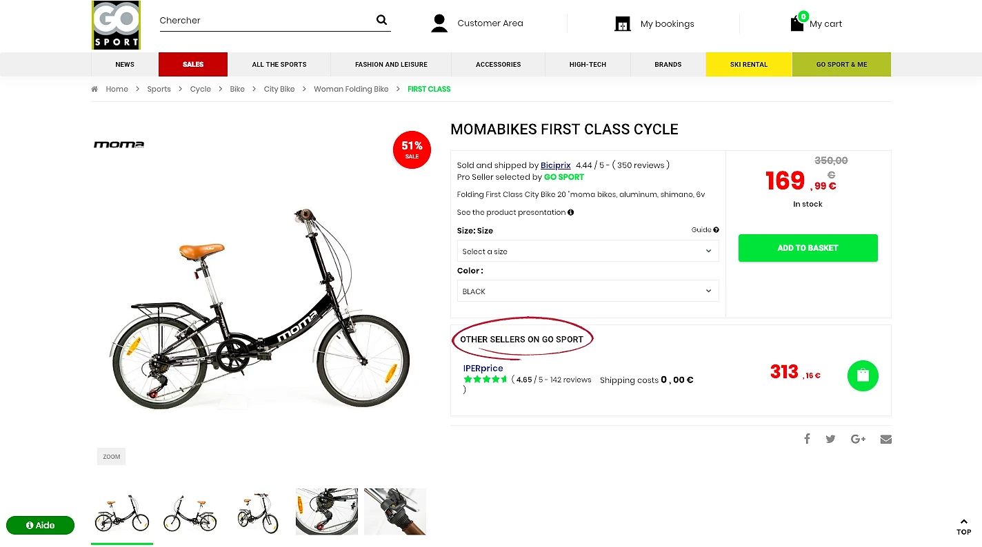 Screenshot of the Go Sport marketplace product page for a Moma folding bike, showing seller competition: the primary listing at €169.99 (51% off) is sold by Biciprice and selected by Go Sport, while a second seller (iPERprice) offers the same product at €313.18, with the 'Other sellers on Go Sport' section highlighted