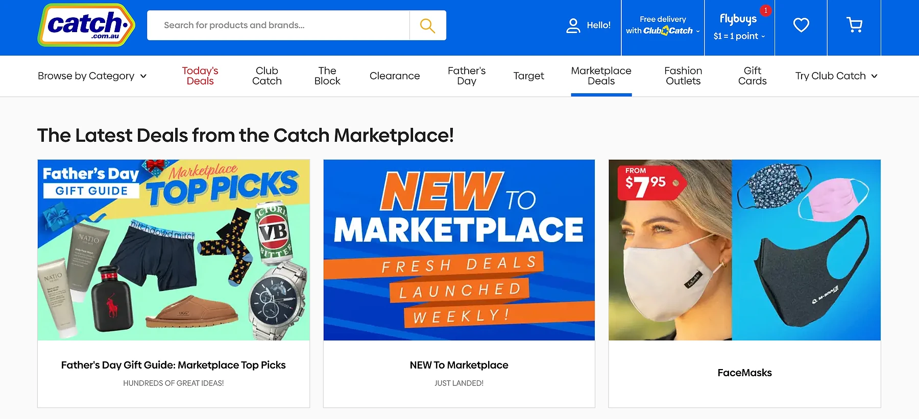 Catch.com.au marketplace homepage showing a 'Latest Deals from the Catch Marketplace' section with three promotional tiles: Father's Day Gift Guide Top Picks, New to Marketplace (fresh deals launched weekly), and Face Masks