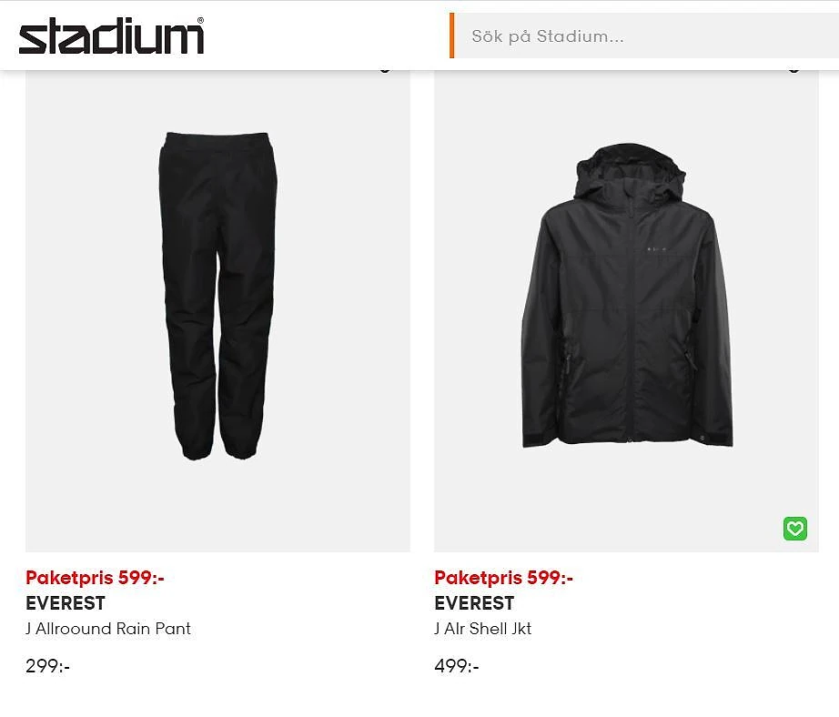 Stadium marketplace product listing page showing two Everest items side by side: J Allroound Rain Pant priced at 299 SEK and J Alr Shell Jacket priced at 499 SEK, each tagged with a bundle price of 599 SEK.