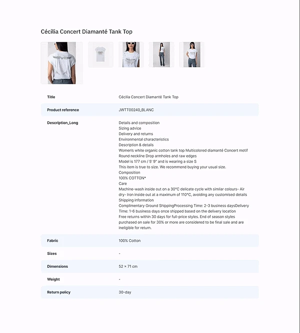 Mirakl Catalog Transformer UI showing an AI-enriched product listing for a 'Cécilia Concert Diamanté Tank Top' with auto-populated attributes including title, product reference, fabric, sizes, dimensions, weight, and return policy