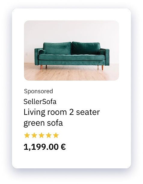 Mirakl Ads sponsored product card showing a SellerSofa listing for a 'Living room 2 seater green sofa' priced at 1,199 € with a five-star rating, illustrating a sponsored placement in a search results feed