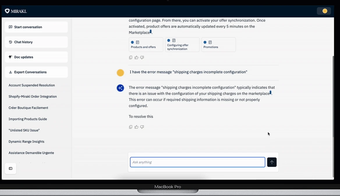 Mirakl One AI assistant chat interface showing a conversation where a seller asks about a 'shipping charges incomplete configuration' error and the assistant provides a step-by-step resolution. The left sidebar shows support topics including Shopify-Mirakl Order Integration and Importing Products Guide